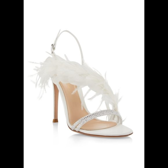 NEW Gianvito Rossi White Sandals Size 37/7.Feather & Crystal Detail Straps Event - Picture 2 of 15
